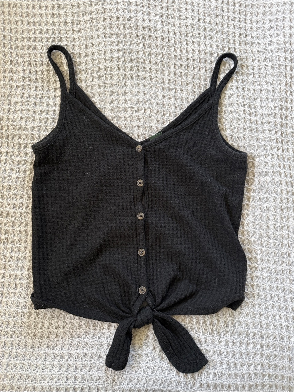 Black Tie-Front Waffle Knit Cami Tank Top